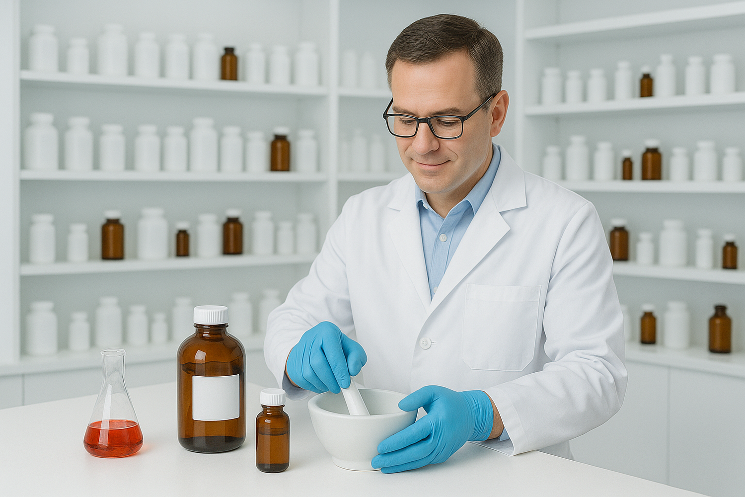 Pharmacist in a pharmacy compounding magic mouthwash prescription