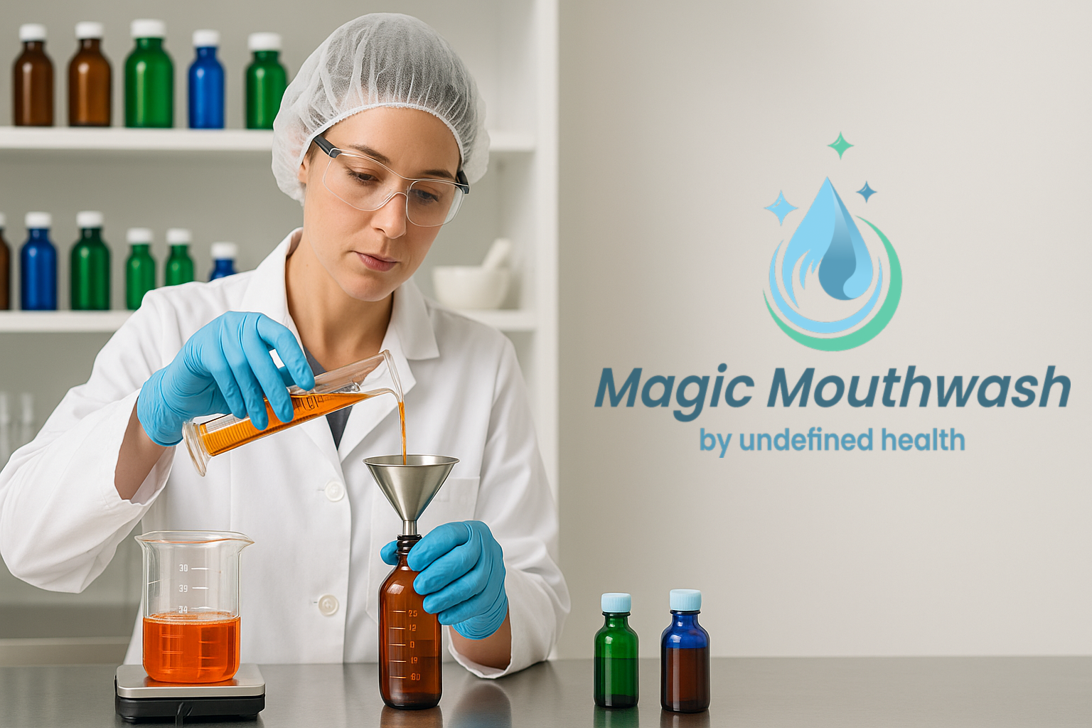 Pharmacist compounding Magic Mouthwash with Magic Mouthwash Logo on Wall